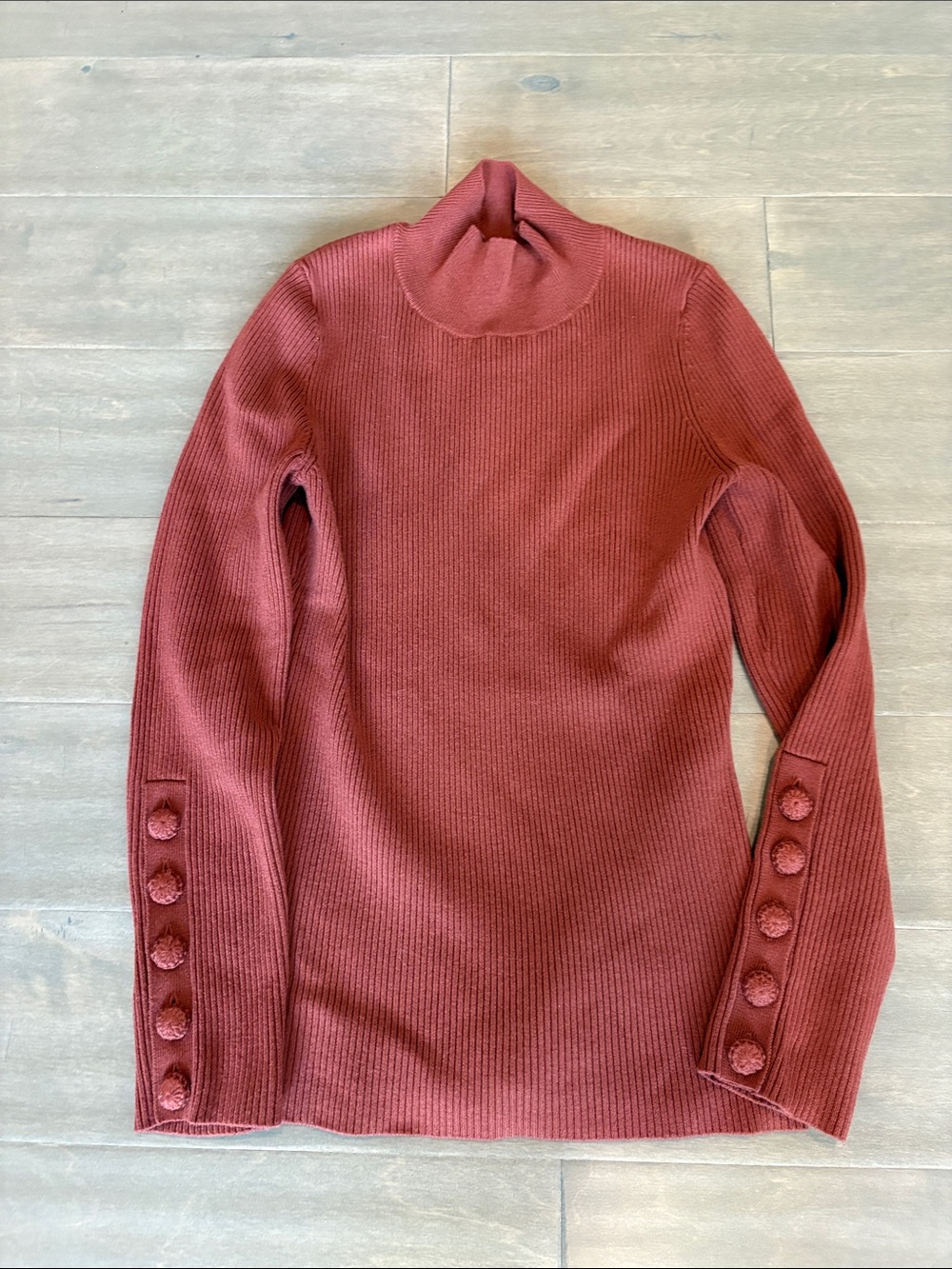 Sezane Ribbed Turtleneck Sweater with Buttoned Cuffs - Rust Red